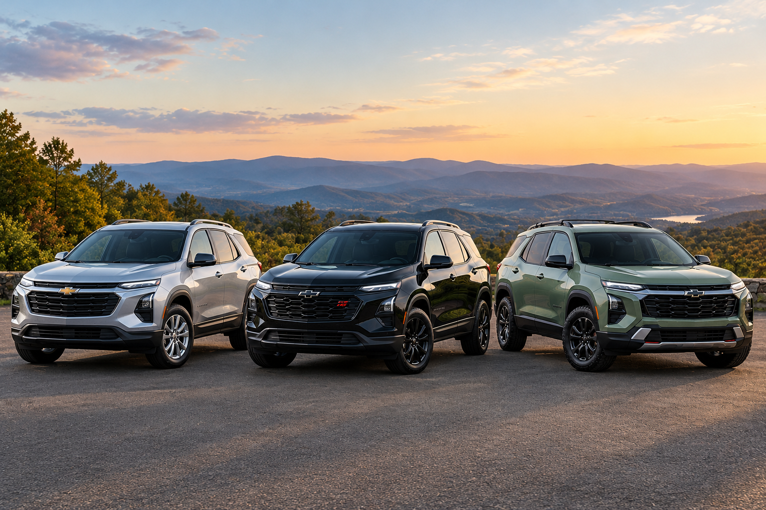 Chevrolet Equinox variants at mountain sunset backdrop